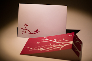 een bedrukte enveloppe en een kaartje met een plooi, roze, paars met vogeltje