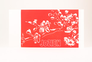 Geboortekaartje met bloesems en naam, het is rood en er staat in het wit Jozien op
